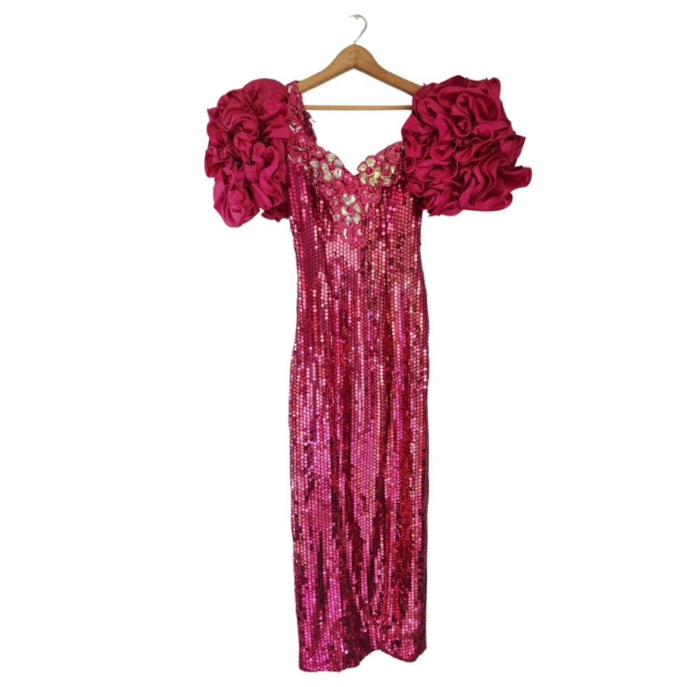 Vintage Alyce Designs Pink Sequin Puff Sleeve Dress
